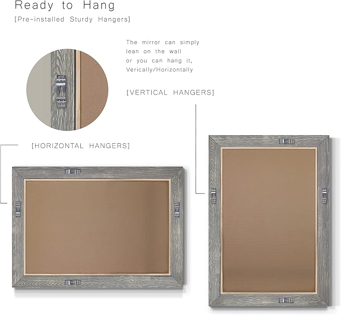 Renditions Gallery Horizontal Gray Wood Frame Vanity Body Mirror Rustic Farmhouse Rectangular Decorative Wall Mounted Aesthetic Mirror for Bedroom Living Room Bathroom - 41"x29" LT07