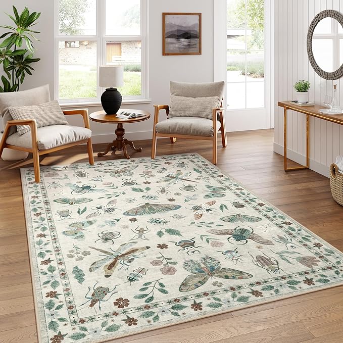 Lahome Insect Print Washable Rugs for Living Room, Soft 6x9 Area Rugs for Bedroom, Ultra-Thin Non Slip Modern Area Rug Low Pile Throw Carpet for Dining Room Office Vionnet(6'x9',Beige)
