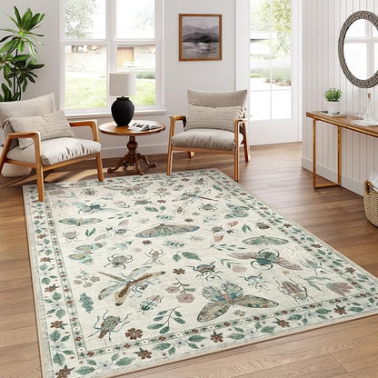 Lahome Insect Print Washable Rugs for Living Room, Soft 6x9 Area Rugs for Bedroom, Ultra-Thin Non Slip Modern Area Rug Low Pile Throw Carpet for Dining Room Office Vionnet(6'x9',Beige)
