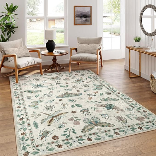 Lahome Insect Print Washable Rugs for Living Room, Soft 6x9 Area Rugs for Bedroom, Ultra-Thin Non Slip Modern Area Rug Low Pile Throw Carpet for Dining Room Office Vionnet(6'x9',Beige)