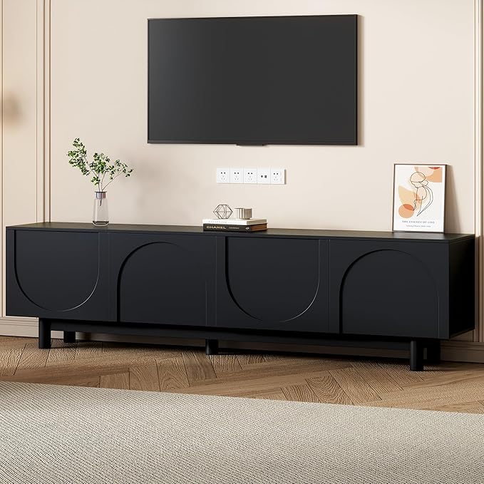 Merax Graceful TV Stand with Arch Cabinets for Televisions Up to 78'', Minimalist Entertainment Center with Solid Wood Legs and Adjustable Shelves, Practical Media Console for Living Room, Black
