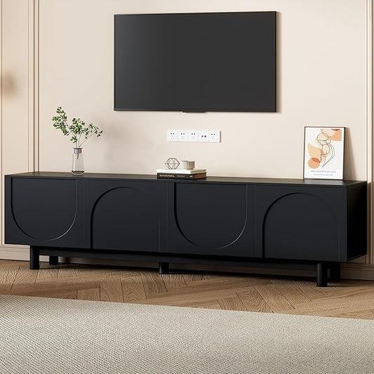 Merax Graceful TV Stand with Arch Cabinets for Televisions Up to 78'', Minimalist Entertainment Center with Solid Wood Legs and Adjustable Shelves, Practical Media Console for Living Room, Black