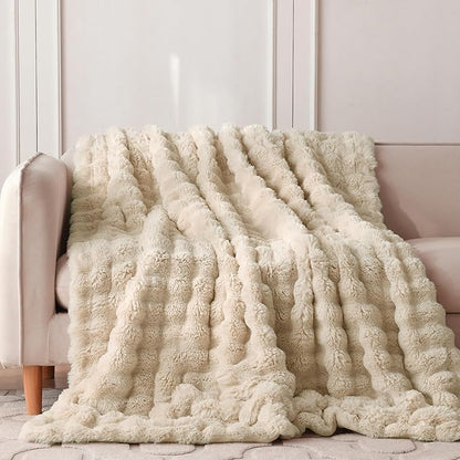 COOVA Faux Fur Throw Blanket for Couch, Cozy Soft and Fuzzy Plush Rabbit Fur Bubble Blanket for Sofa Bedroom Living Room, 50x60 Inches Light Taupe