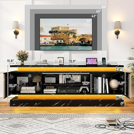 71" 2 LED Marble TV Stand for TVs 85 inch,High Gloss Gaming Tall Entertainment Center w/Power Outlet,6000-Colors LED Lights,Modern TV Media Console Table with 2 Cabinets for Living Room,Black Marble