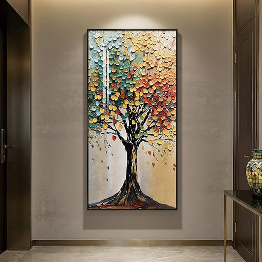 Large Framed Vertical Tree of Life Wall Art for Living Room, Modern Abstract Colorful Tree Painting Prints Artwork for Walls, Contemporary Luxury Pictures for Hallway Entryway Office Wall Decor, 30x60