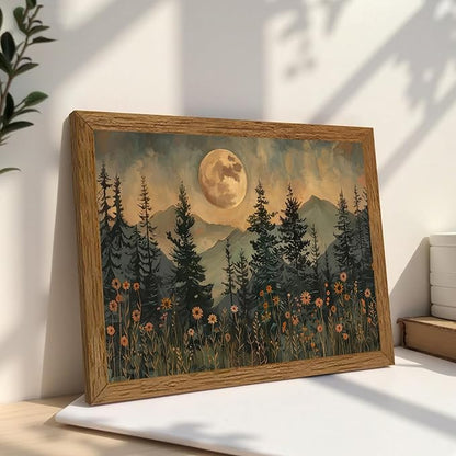 JLTULT Framed Vintage Moon Forest Canvas Wall Art, Moonlight Pine Tree Flower Wall Decor, Woodland Wildflower Picture Prints Artwork for Bedroom Living Room Office Decoration 16x24 inch Easy to Hang
