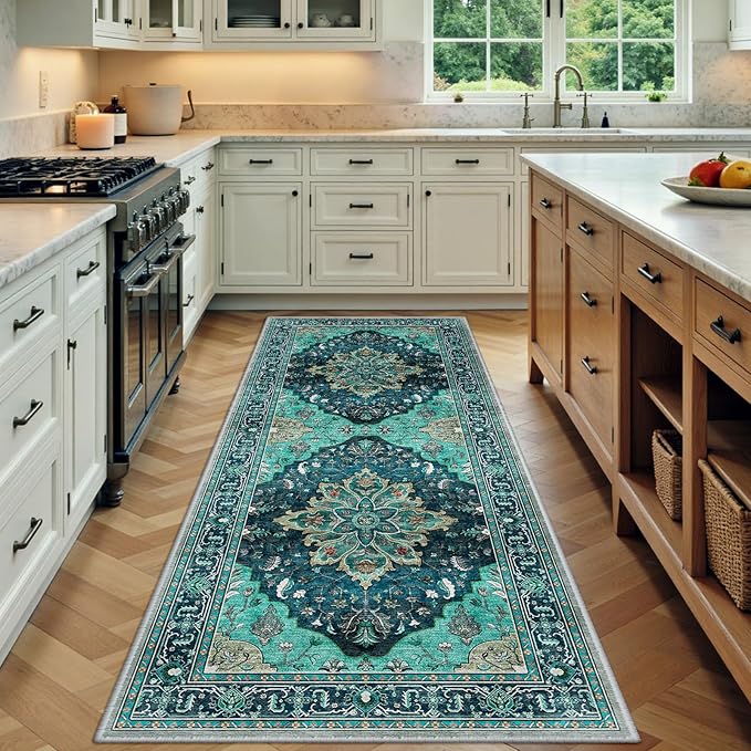 RELEANY Area Rugs 3'x6' Runner Rug Non Slip Washable for Kitchen Hallway Bedroom Beside Laundry Room Bathroom Rug, Floor Carpet, Teal Green Lake Blue Turquoise