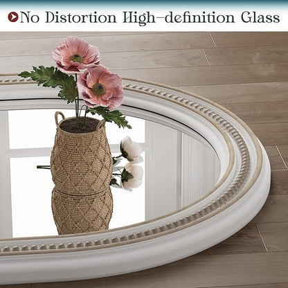 Farmhouse Oval Bathroom Boho Wall Mirror, 20" x 30" Antique Oval Bathroom Mirrors Over Sink, Wooden Wall Mirror for Bedroom, Living Room, Hallway, Vertical or Horizontal Hanging