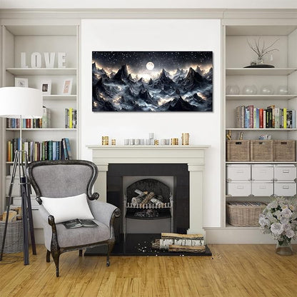 SERIMINO Large Wall Art for Living Room, Mountain Landscape Wall Decor, Fantasy Abstract Art Prints, Moonlit Night Black Canvas Painting, Cool Modern Pictures Home Decor for Bedroom 24"X48"