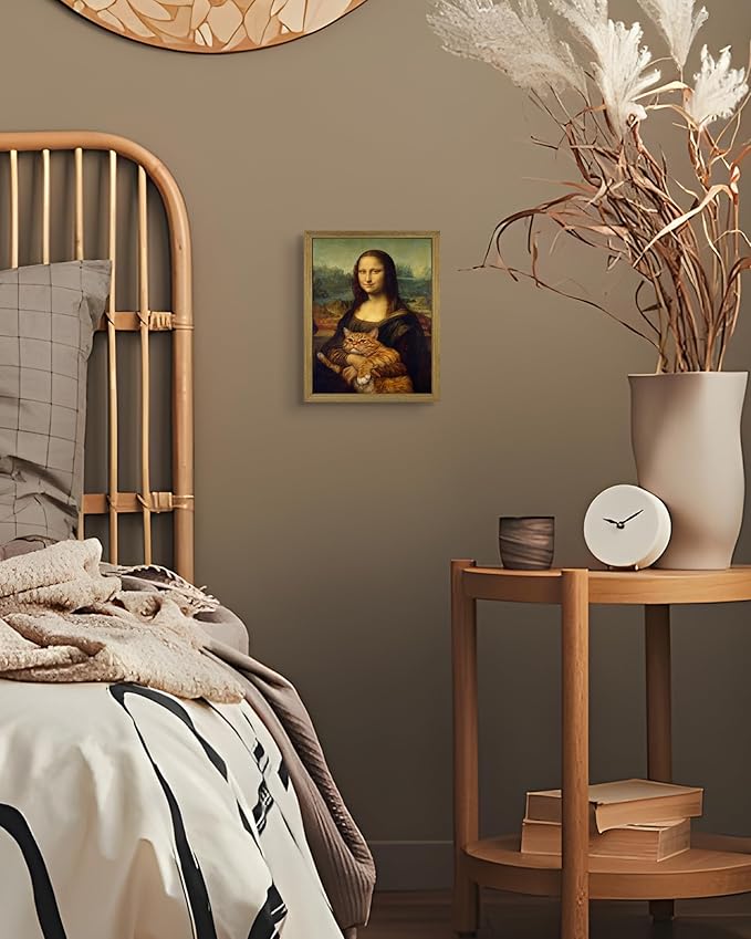 Funny Mona Lisa Cat Wall Art, Vintage Renaissance Mona Lisa Holding Orange Tabby Cat Canvas Print, Classic Abstract Art Painting Poster for Bathroom Living Room Bedroom Home Decor 8x10 Inch Framed