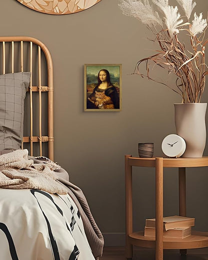 Funny Mona Lisa Cat Wall Art, Vintage Renaissance Mona Lisa Holding Orange Tabby Cat Canvas Print, Classic Abstract Art Painting Poster for Bathroom Living Room Bedroom Home Decor 8x10 Inch Framed