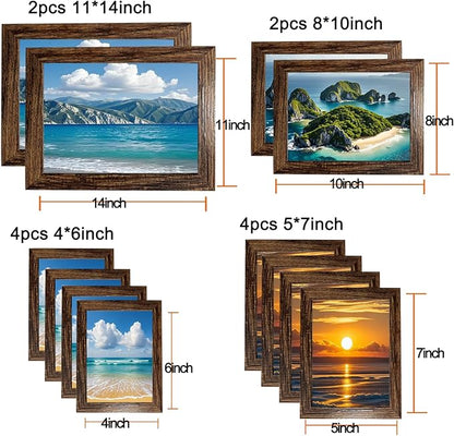 xnlkros 12 pack assorted gallery wall picture frame,rustic farmhouse wood picture frames multiple sizes including 4x6, 5x7, 8x10, 11x14, Ideal for living room hanging or tabletop display,Dark Brown
