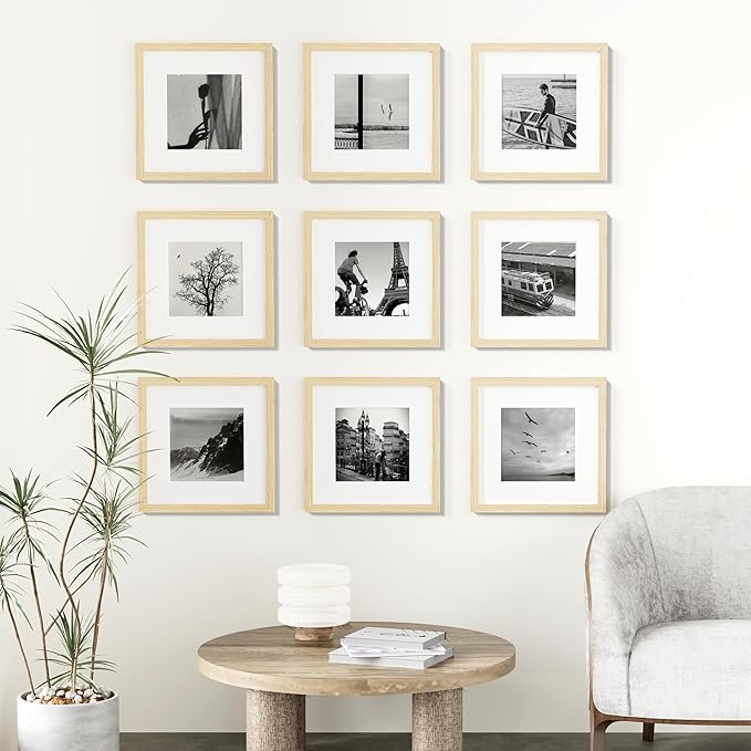 Vittanly 12x12 Picture Frames Set of 9, Shatter Resistant Plexiglass, Display 8x8 Pictures with Mat or 12x12 without Mat, Photo Frames for Wall Mount, Engineered Wood, OAK