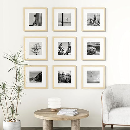 Vittanly 12x12 Picture Frames Set of 9, Shatter Resistant Plexiglass, Display 8x8 Pictures with Mat or 12x12 without Mat, Photo Frames for Wall Mount, Engineered Wood, OAK