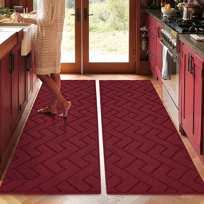 hicorfe Kitchen Runner Rugs and Mats Sets,2 Pieces Absorbent Non-Slip Kitchen Rug,Comfort Kitchen Mat for Floor,Washable for Kitchen,Hallway,Office,Sink,Laundry(20"x48"+20"x48",Red)