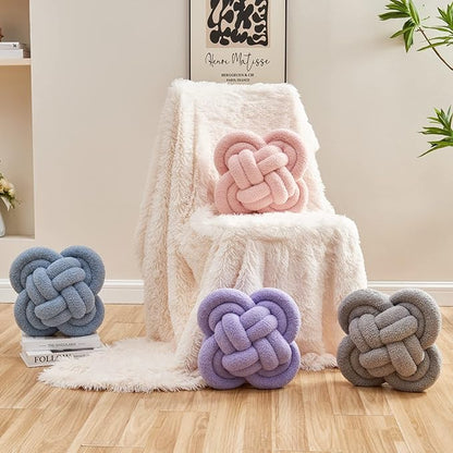 Knot Pillow, 12" Soft Decorative Throw Pillows for Couch Bed, Gray Pink Knotted Plush Throw Pillow Handmade Square Cushion Home Decor Pillows (Purple, 12 Inches X12 Inches)