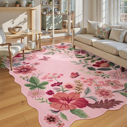 Lahome Floral Living Room Rugs, Pink Area Rugs 5x7 Rug for Bedroom Ultra-Thin Soft Rug, Non-Slip Washable Rugs Throw Boho Rug for ‎‎Nursery Playroom Classroom Flore (5x7ft, Pink)