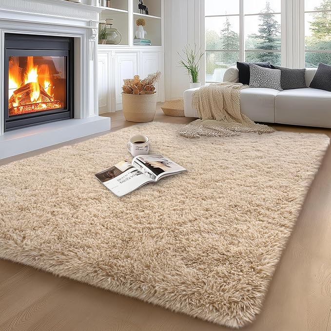qulint 5x7 Area Rugs for Living Room, Fluffy Shaggy Rug for Bedroom Modern Plush Tan Rug, Soft Shag Fuzzy Carpets Solid Alfombra for Boys and Girls Dorm Room Home Decor (5ft x 7ft, Light Tan)