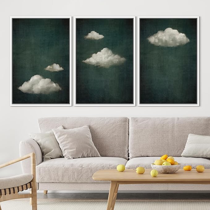SIGNLEADER Framed Canvas Print Wall Art Set Vintage Cloudscape Dreamy Green Sky and Clouds Illustrations Boho Decorative for Living Room, Bedroom, Office - 16"x24"x3 White