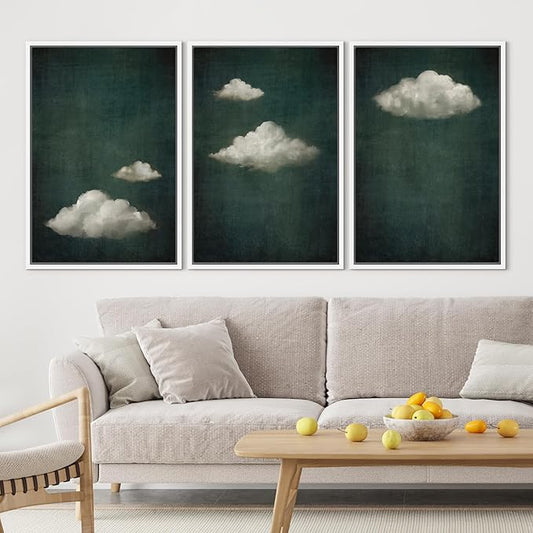 SIGNLEADER Framed Canvas Print Wall Art Set Vintage Cloudscape Dreamy Green Sky and Clouds Illustrations Boho Decorative for Living Room, Bedroom, Office - 24"x36"x3 White