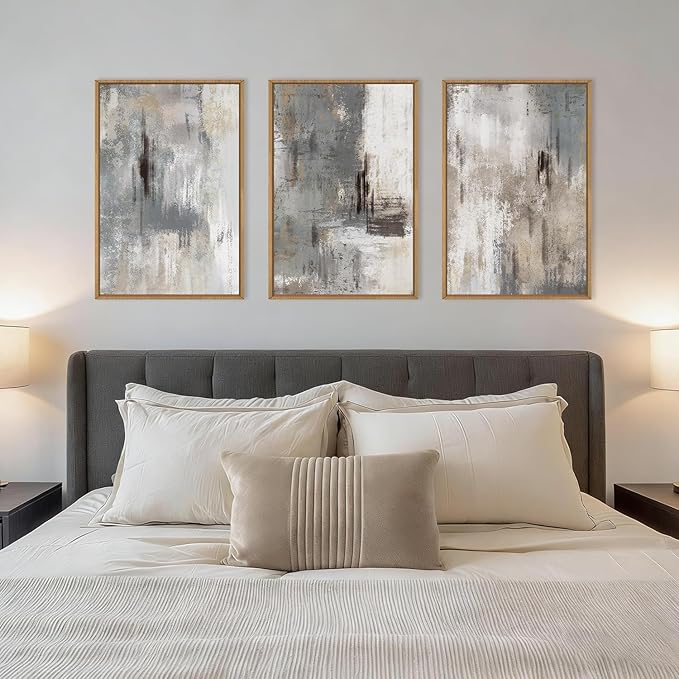 Aryroi Large Abstract Neutral Gray Beige Framed Canvas Wall Art,Modern Minimalist Earth Tone Brushstroke Wall Decor,Vintage Rustic Color Block Artwork for Living Room,Bedroom,Farmhouse- 16"x24"x3