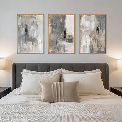 Aryroi Large Abstract Neutral Gray Beige Framed Canvas Wall Art,Modern Minimalist Earth Tone Brushstroke Wall Decor,Vintage Rustic Color Block Artwork for Living Room,Bedroom,Farmhouse- 16"x24"x3