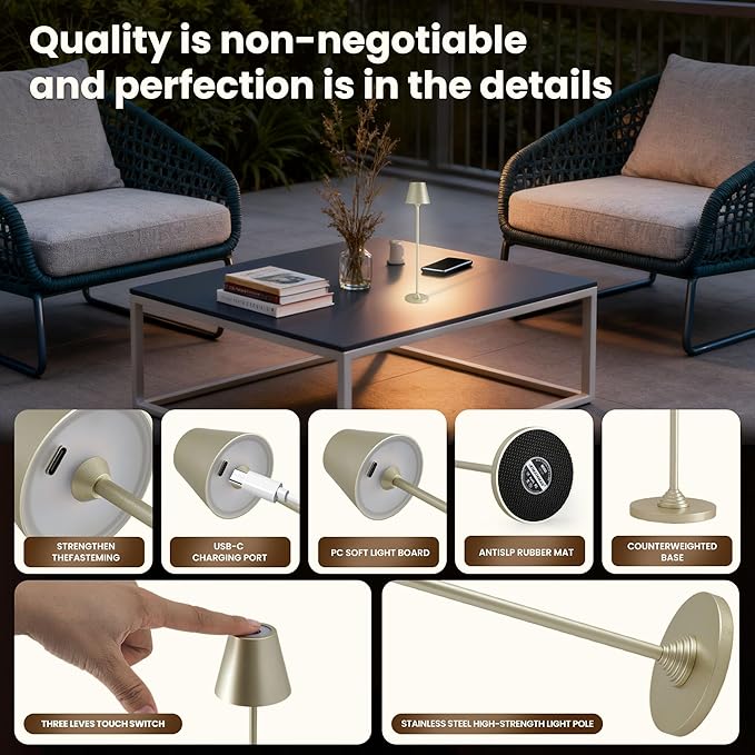 Timjorman RGB Palm-Sized Cordless Table Lamp, Rechargeable Touch Metal Bedside Lamp, 3 Brightness 3000K Warm Light, Small Table Lamp for Bedroom, Restaurant, Patio, Camping (Champagne Gold 1 Pack)