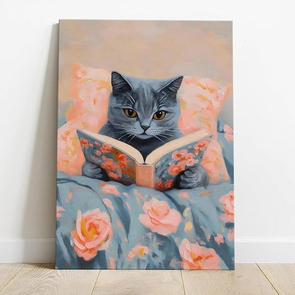 Framed Cat Reading Book Canvas Wall Art, Cute Gray Kitten Painting Print, Funny Animal Lovers Picture Wall Decor for Bedroom Living Room Kids Room Girls Room Home Decor 16x24 Inch