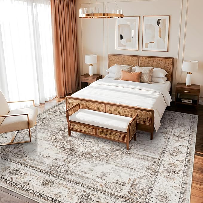12x12 Square Area Rug: 12ft Square Washable Living Room Rugs Ultra Thin Soft Oriental Non-Slip Backing Farmhouse Rug Low Pile Thin Stain Resistant Indoor Carpets, 12' x 12' Beige
