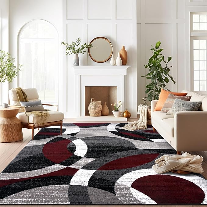 Rugshop Red Modern Geometric Indoor Large Area Rug, Overlapping Circle Pattern, Fade Resistant, Non-Shedding, for Living Room, Dining Room and Family Room, 7'10" x 10'2"