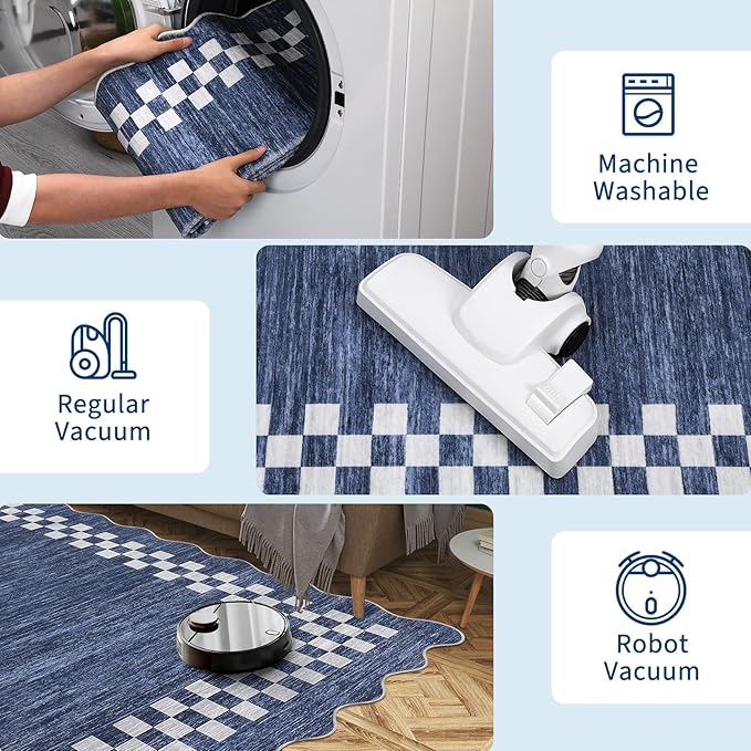 Small Bedroom Area Rug 3x5 Checkered Area Rug for Living Room Nursery Non Slip Kitchen Throw Carpet Low Pile Modern Bordered Rugs Washable Bathroom Mat Soft Brown Rugs for Laundry Entryway, Blue