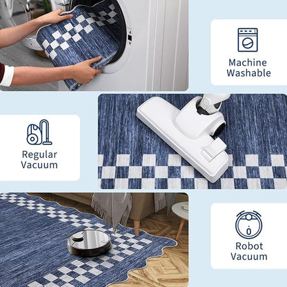 GarveeHome Scalloped Washable Rug 9x12 Area Rug for Living Room Modern Border Large Bedroom Throw Carpet with Rubber Backing Stain Resistant Boho Rug for Dining Room Home Decor Office, Blue