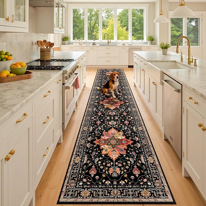 RELEANY Area Rugs 2'6"x10' Runner Rug Non Slip Washable for Kitchen Hallway Bedroom Beside Laundry Room Bathroom Rug, Floor Carpet, Black Colorful Floral Dark Tan
