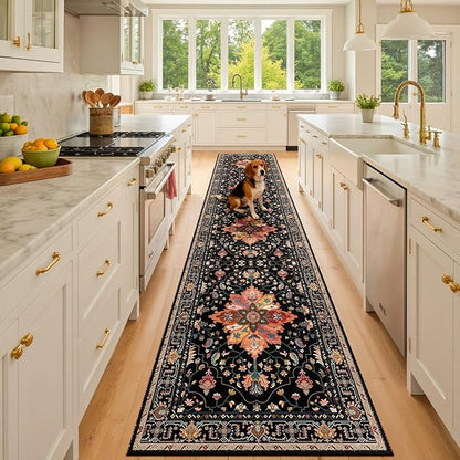 RELEANY Area Rugs 2'6"x10' Runner Rug Non Slip Washable for Kitchen Hallway Bedroom Beside Laundry Room Bathroom Rug, Floor Carpet, Black Colorful Floral Dark Tan