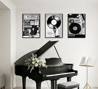3Pcs Retro Music Poster Wall Art Fashion Black And White Photography Preppy Vinyl Record Store Painting Picture Wall Decor Bar Rock Music Lovers Print Artwork for Recording Studio Club Home Decoration