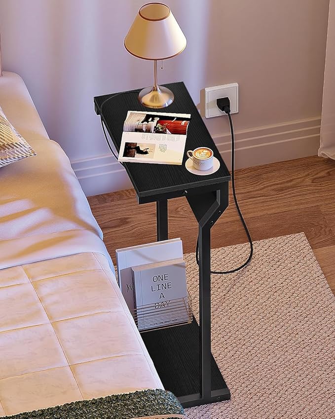 CHOEZON Narrow Side Table with Charging Station, 27" Skinny End Table for Small Spaces, Couch Table with Storage, Slim Tray Table with USB Ports, for Living Room, Bedroom, Black TBZ27UBB