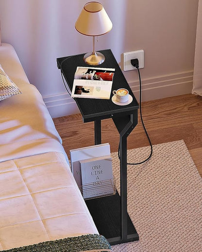 CHOEZON Narrow Side Table with Charging Station, 27" Skinny End Table for Small Spaces, Couch Table with Storage, Slim Tray Table with USB Ports, for Living Room, Bedroom, Black TBZ27UBB