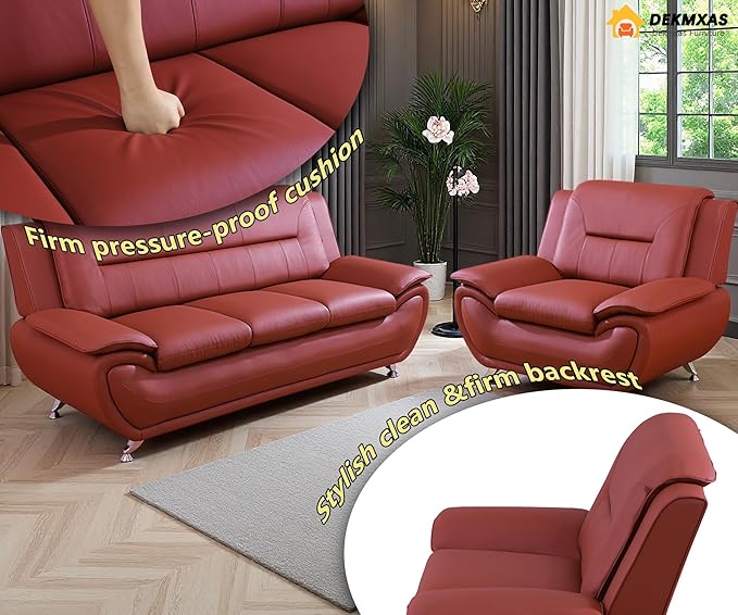 Living Room Furniture Sets, 2PCS Red Faux Leather Sofa and Chair for Living Room, Sofa Couches for Office, Bedroom, Apartment