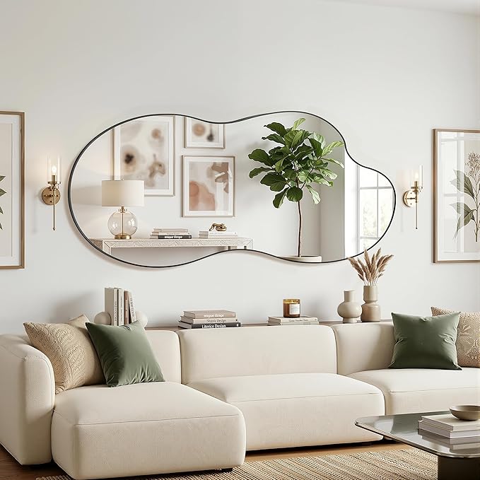 Irregular Wall Mirror, 30"x60" Asymmetrical Mirror with Metal Frame, Modern Unique Decorative Mirrors for Bathroom, Wall Decor, Entryway, Living Room, Black