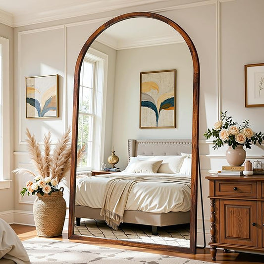 Full Length Mirror 82"×44" Floor Mirror Standing Tall Mirror, Arched Stand up Large Wall Mirrors, Freestanding Full Body Mirrors for Bedroom Living Room Wood Antique Style Walnut