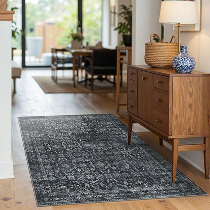 Rugxara 3x5 Rug for Entryway Bedroom, Black 3x5 Washable Area Rug, Vintage Retro Boho Throw Rug, Non Slip & Low Pile Small Carpet for Indoor Kitchen, Bedside, Living Room, Bathroom and Dining