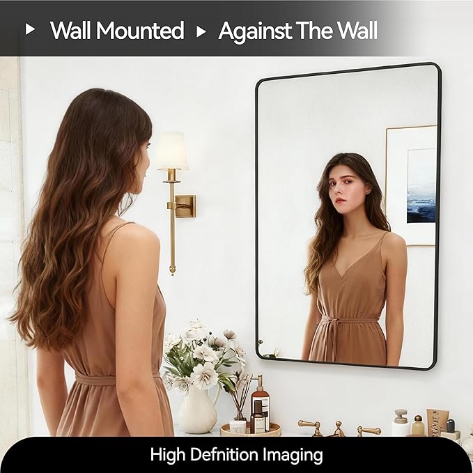 SCWF-GZ 24x36 Mirror Vanity Bathroom Wall Mounted Aluminum Alloy Metal Frame Dressing Round Rectangle Mirrors for Entryway Bedroom Living Room Horizontally or Vertically 36x24 inch Black