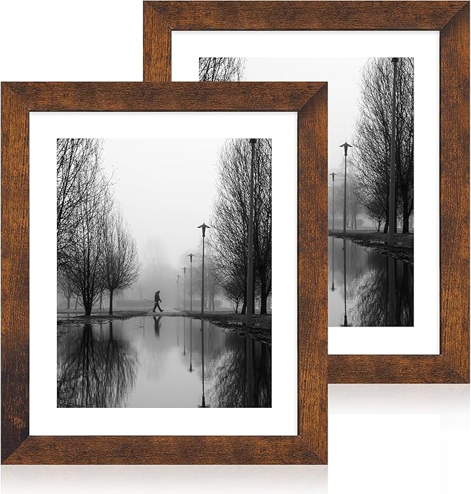iRahmen 10x12 Picture Frame with Mat 8x10 - High Definition Tempered Glass Wooden Photo Frames for Tabletop Display and Wall Mounting (Dark Brown, Set of 2)
