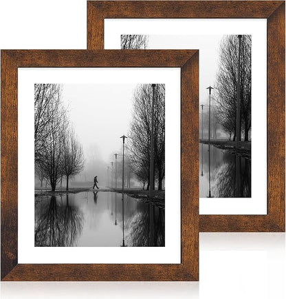 iRahmen 10x12 Picture Frame with Mat 8x10 - High Definition Tempered Glass Wooden Photo Frames for Tabletop Display and Wall Mounting (Dark Brown, Set of 2)