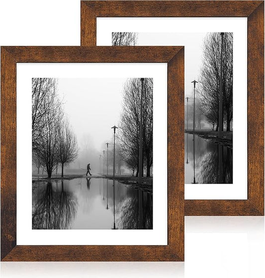 iRahmen 10x12 Picture Frame with Mat 8x10 - High Definition Tempered Glass Wooden Photo Frames for Tabletop Display and Wall Mounting (Dark Brown, Set of 2)