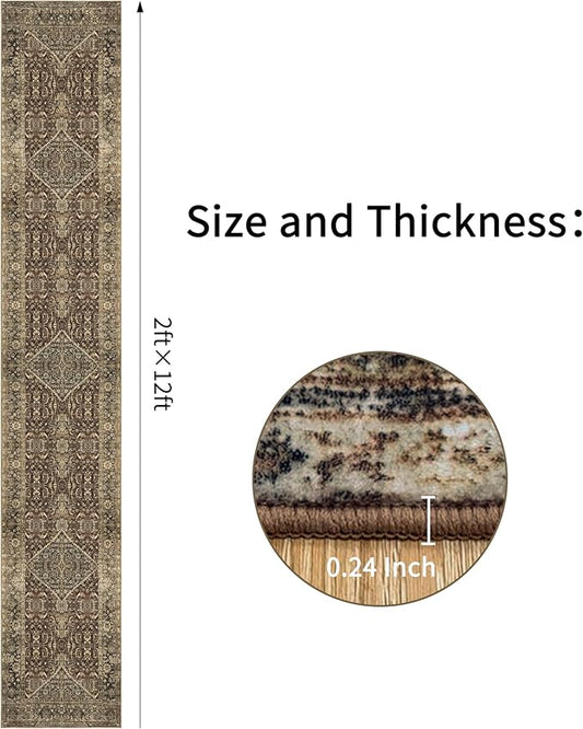 Non-Slip Runner Rugs for Hallway: 2x12 Washable Long Rug for Entryway Kitchen Bathroom Bedroom Indoor - Vintage Home Decor Mat Carpet - Brown
