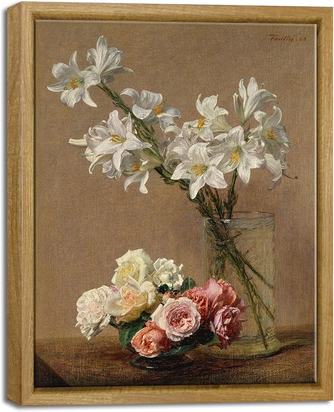 Pyradecor Vintage Retro Framed Wall Art Home Decor Roses and Lilies Canvas Prints Classical Floral Painting Vintage Wall Decor for Laundry Room Farm House Decor