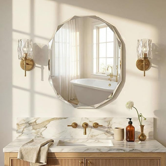36x30 Large Capsule Vanity Mirror for Wide Sink, Luxury Diamond-Faceted Wall Mirror, Frameless Oblong Mirror for Mantle, Horizontal/Vertical
