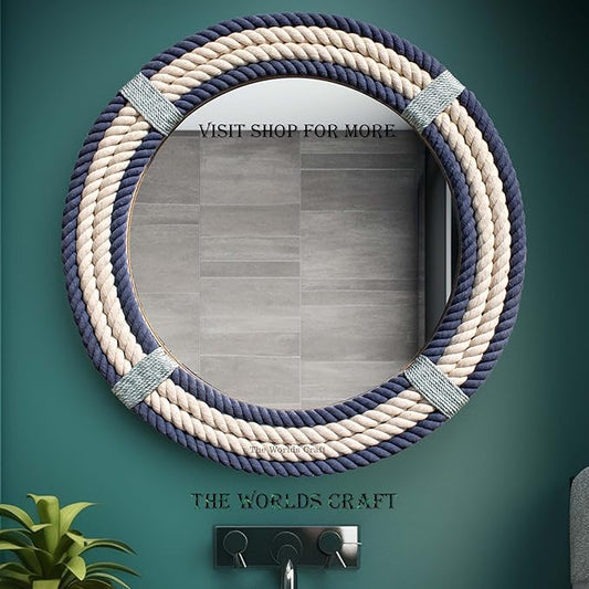 Nautical Round Rope Mirror - White Twisted Rope Wall Hanging Mirror, Rustic Boho & Coastal Farmhouse Décor for Bathroom, Bedroom, Nursery, or Entryway