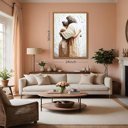 AKWISH Floating Frame Jesus Embracing Woman Canvas Wall Art, Safe in His Arms Pictures Canvas Print Posters Wall Decor, Christian Wall Art Home Decor for Living & Prayer Room 24x36 inch